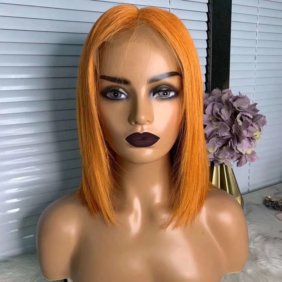

180%Density Ginger Orange Short Cut Bob Synthetic Lace Front Wig For Women With Baby Hair Heat Resistant Fiber Hair Daily Wigs