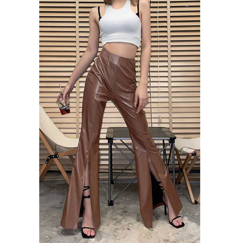 

Women Casual Trousers Classic Solid Color High Waist Slit Flared Long Pants Women Spring Autumn Fashion PU Leather Pants