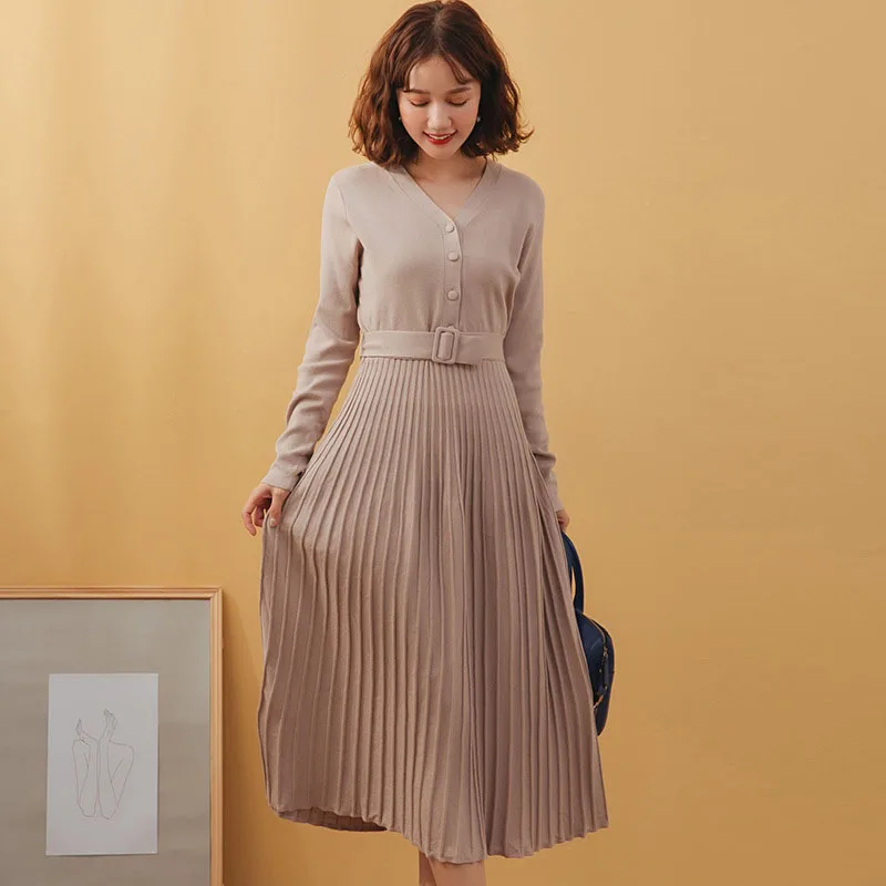 Autumn Winter New Retro Button Knitted Pleated Sweater Dress Women Long Sleeve Pink Black A Line Striped Bodycon Vestidos Mujer | Женская