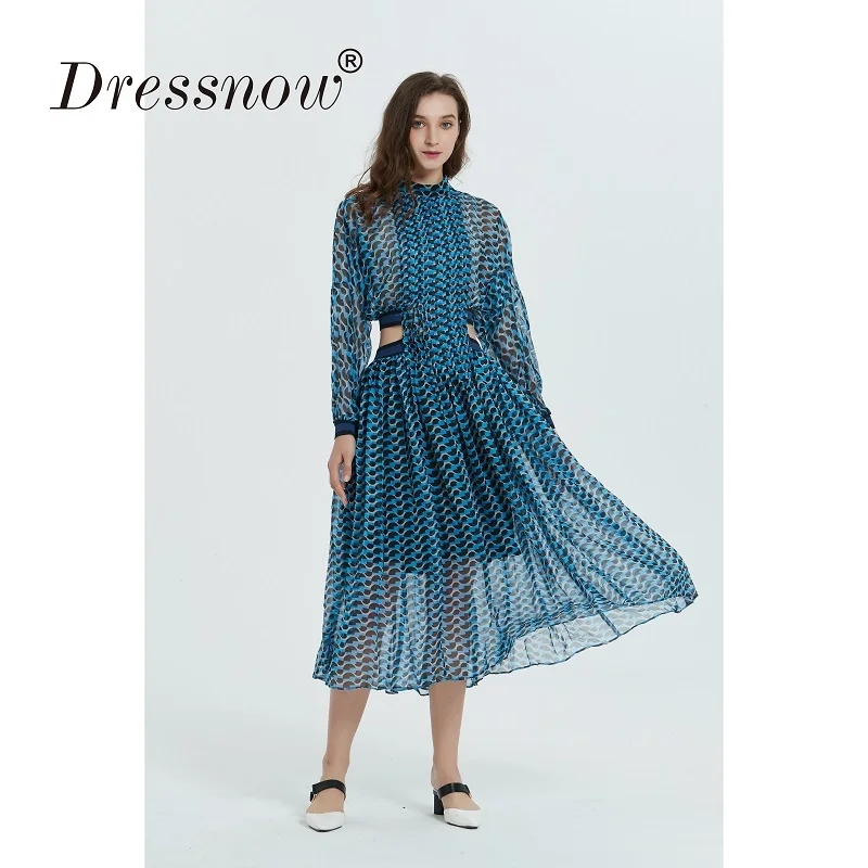 Dressnow, женское дизайнерское макси платье, для девушек, 3/4 рукав, геометрический принт, талия, с отверстиями, для праздника, повседневное, длинное, шифоновое - Цвет: Blue