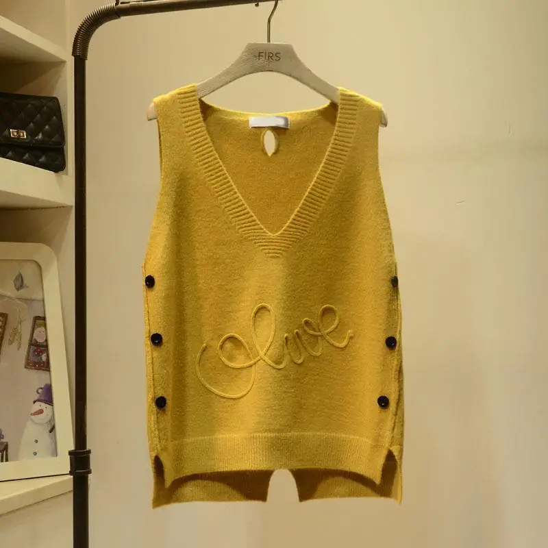 

PEONFLY V Neck Knitted Vest Women's Sweater Spring Autumn New Korean Loose Solid Color Wild Sweater Vest Sleeveless Sweater