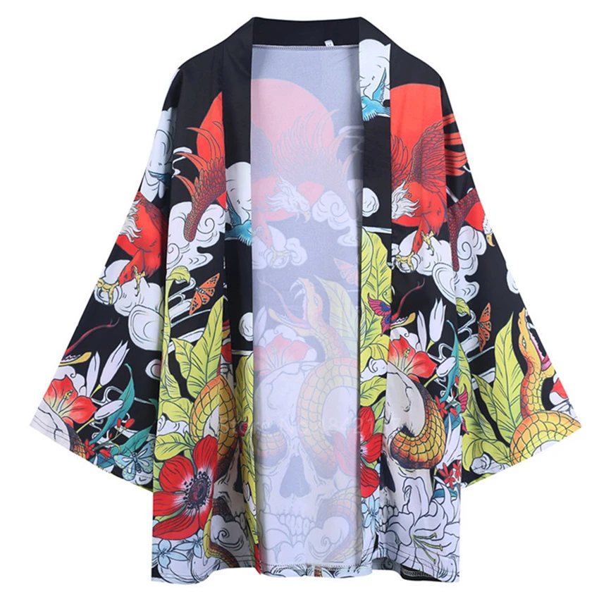 

Japanese Style Kimono Men Summer Dragon Print Cardigan Yukata Retro Crane Samurai Haori Unisex Harajuku Streetwear Sun protect