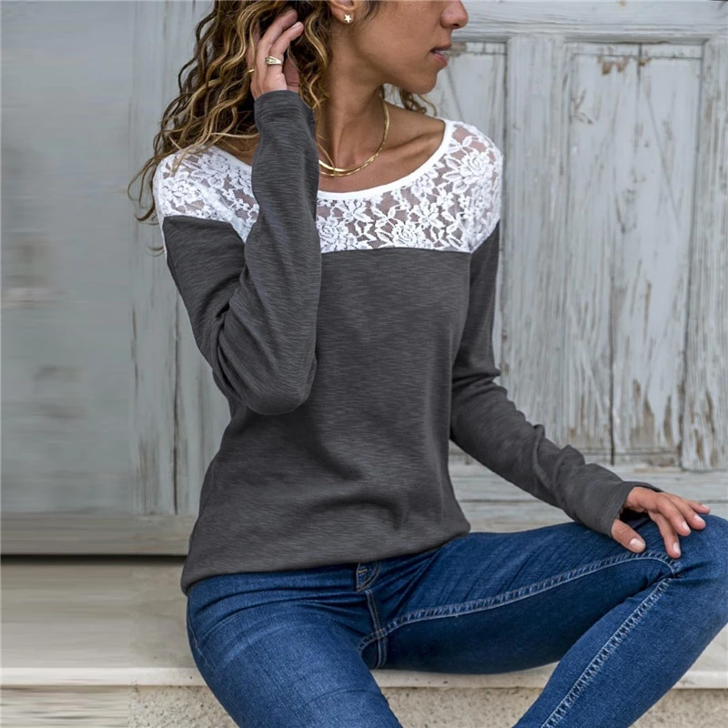

Women Round Neck Ladies Fashion Casual Long Sleeve Tops Sexy Lace Pullover Plus Size T-Shirt Solid Color Loose Free shipping