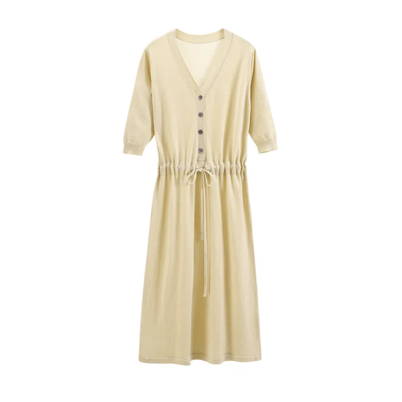 

Knitted dress women's medium length 2020 summer new tie waist show thin fashion dress