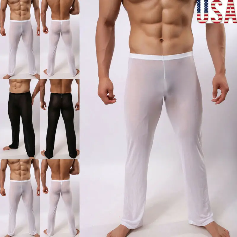 Men's Sexy Lingerie Long Johns Pants Thermal Mesh Sheer See-through Pants US