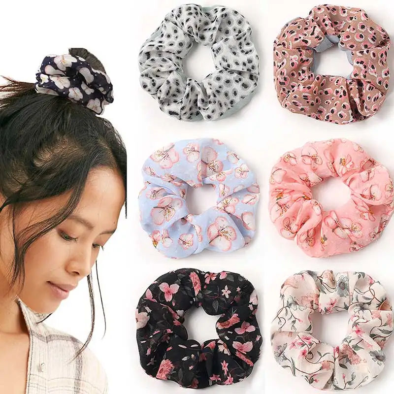 

Sweet Chiffon Floral Leopard Print Hair Scrunchies Women Elastic Bands for Girls Accessories Retro Flower Rubber