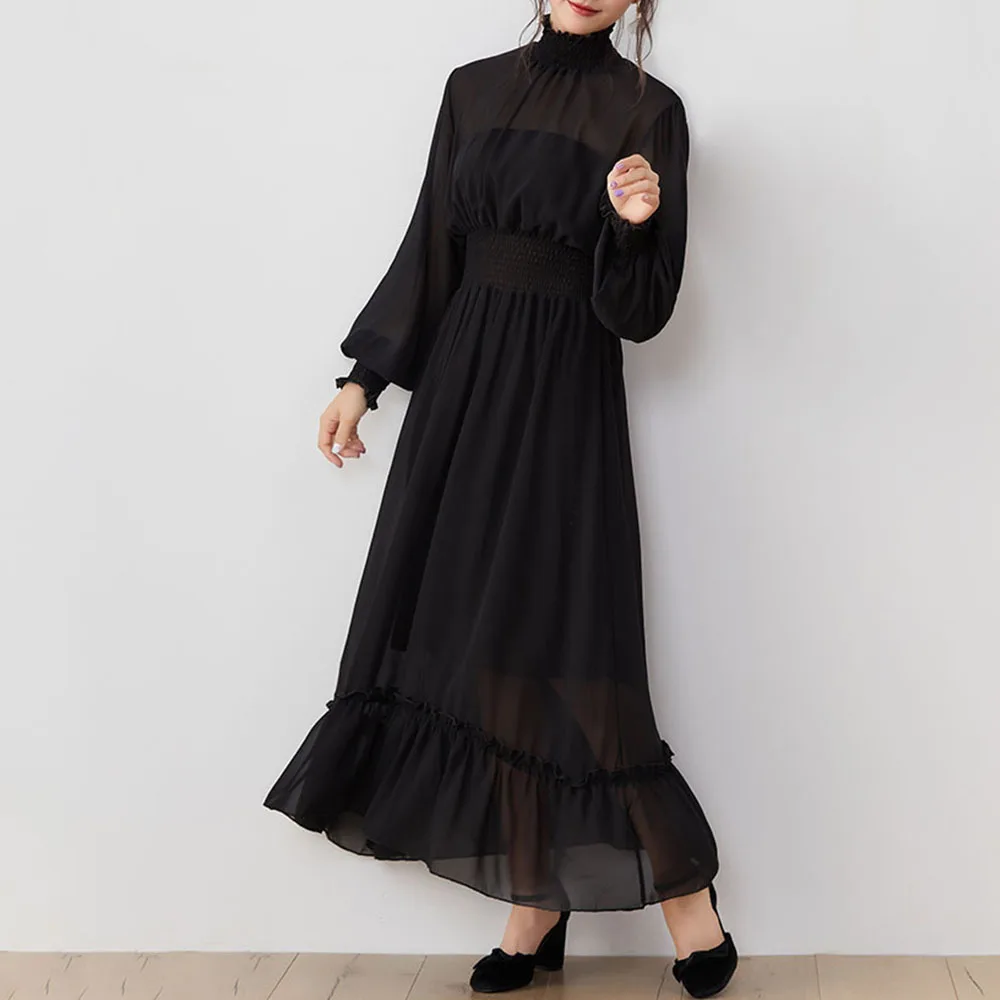 

Однотонное маленькое черное платье в японском и корейском стиле, новинка весны 2021, женские шифоновые длинные платья-Макси в стиле бохо с шир...