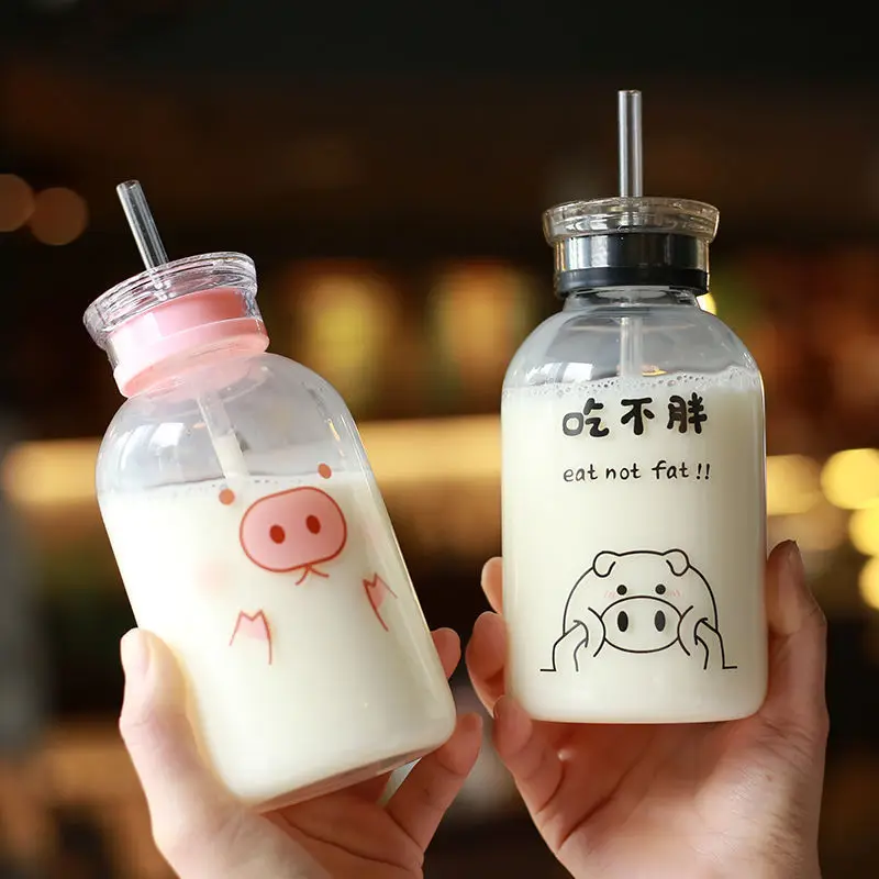 

Creative Pig Water Cup Glass Bottles Kawaii Water Bottle Eco Friendly Glass with a Straw Glasses Cute My Bottle Cups Waterbottle