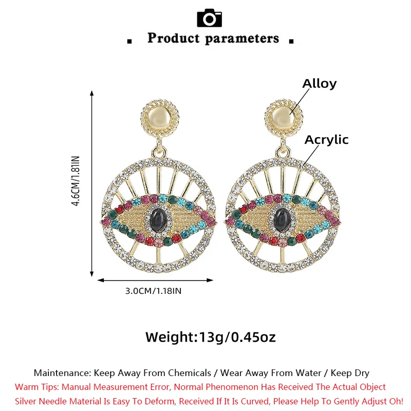 

Vintage New Zircon Acrylic Round Evil Eye Earrings For Women Bohemian Geometric Diamond Luxury Ear Pendant Jewelry Accessories