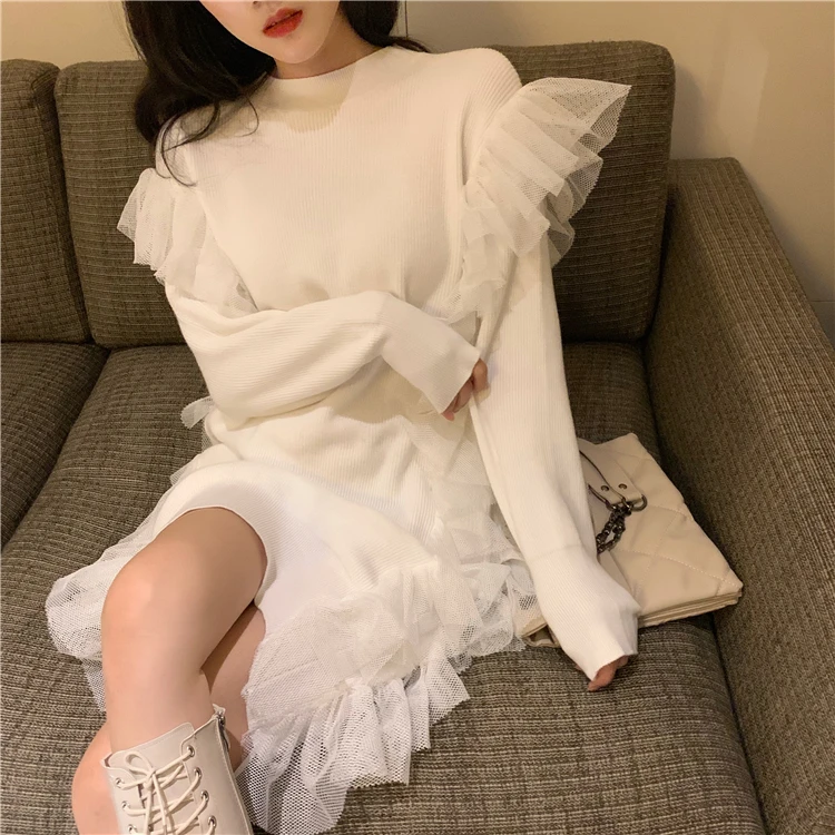 Новое модное женское повседневное свободное шерстяное вязаное платье с длинным