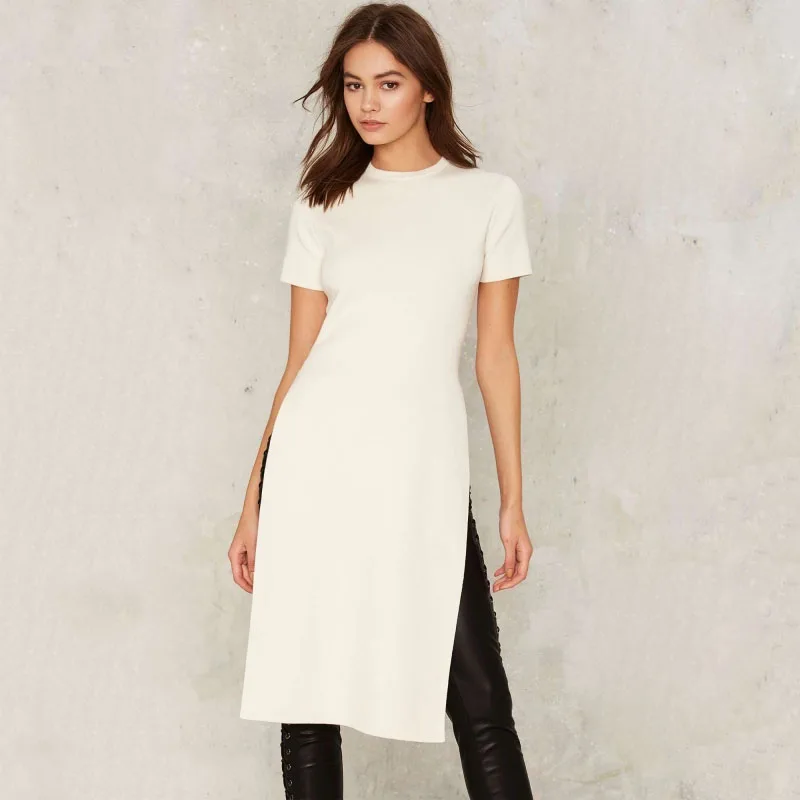 

Girls sexy slim side slit long short sleeve T-shirt dress women