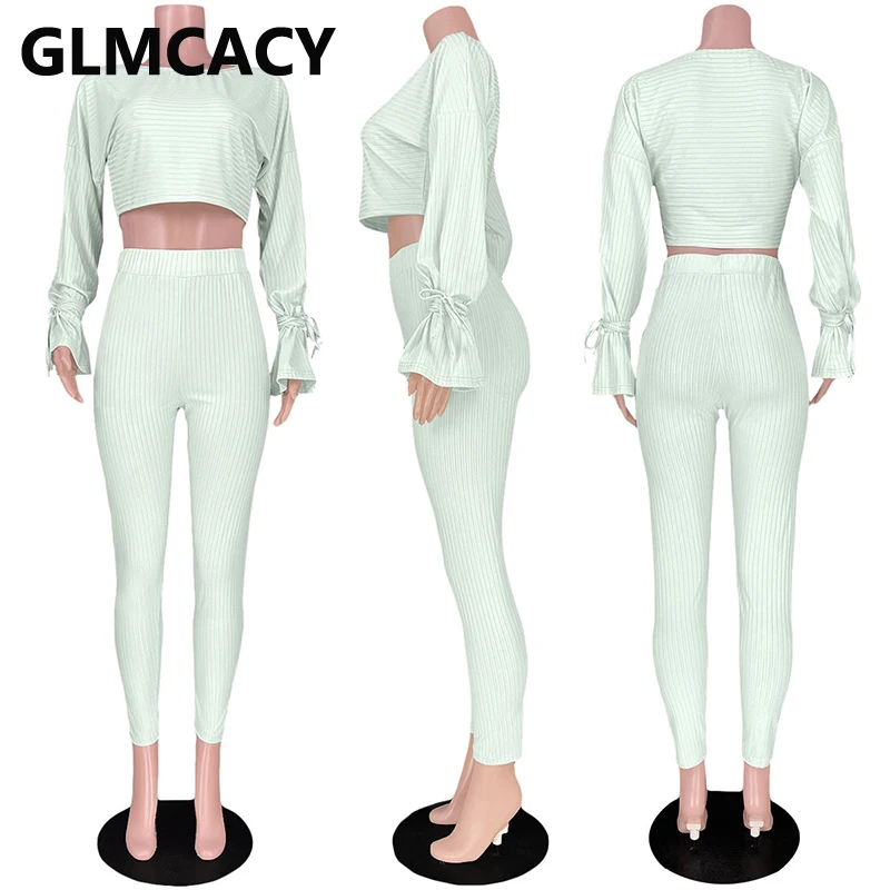 

2 Piece Sets Womens Outfits Long Sleeve O-neck Crop Top T-shirt & Bodycon Pant