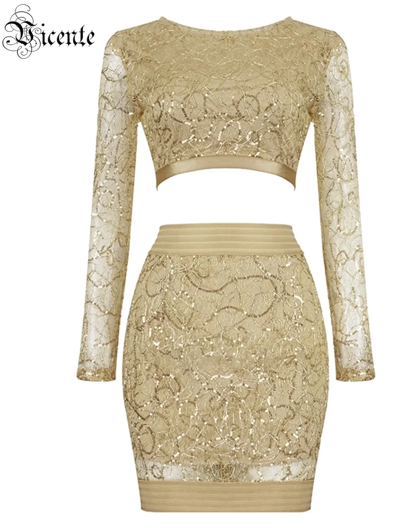 VC All Free Shipping New Chic Golden Sequins Long Sleeves Mini Skirt Two Pieces Celebrity Party Club Tops Skirt Suit