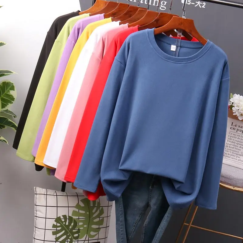 Купи 100% Cotton Women's T-shirt Oversized Sexy Casual Long Sleeve T Shirt Women Korea Loose Full Tee Shirt Femme Tops Spring Autumn за 778 рублей в магазине AliExpress