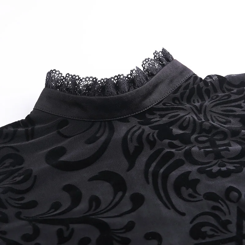 

GothGirl See-through Tee Tops Goth Punk Street Dark Black Clothes Femal Sexy T-shirt Woman Short Sleeve Lace Patchwork Flocking