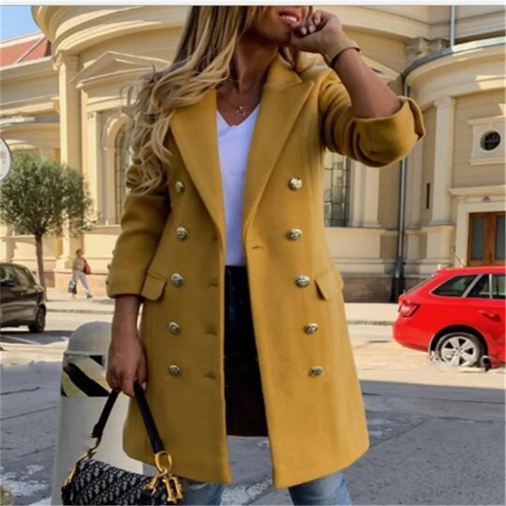 

2021 European American Winter New Women Double-breasted Lapel Slim Coat Women's Windbreaker Jacket Coat