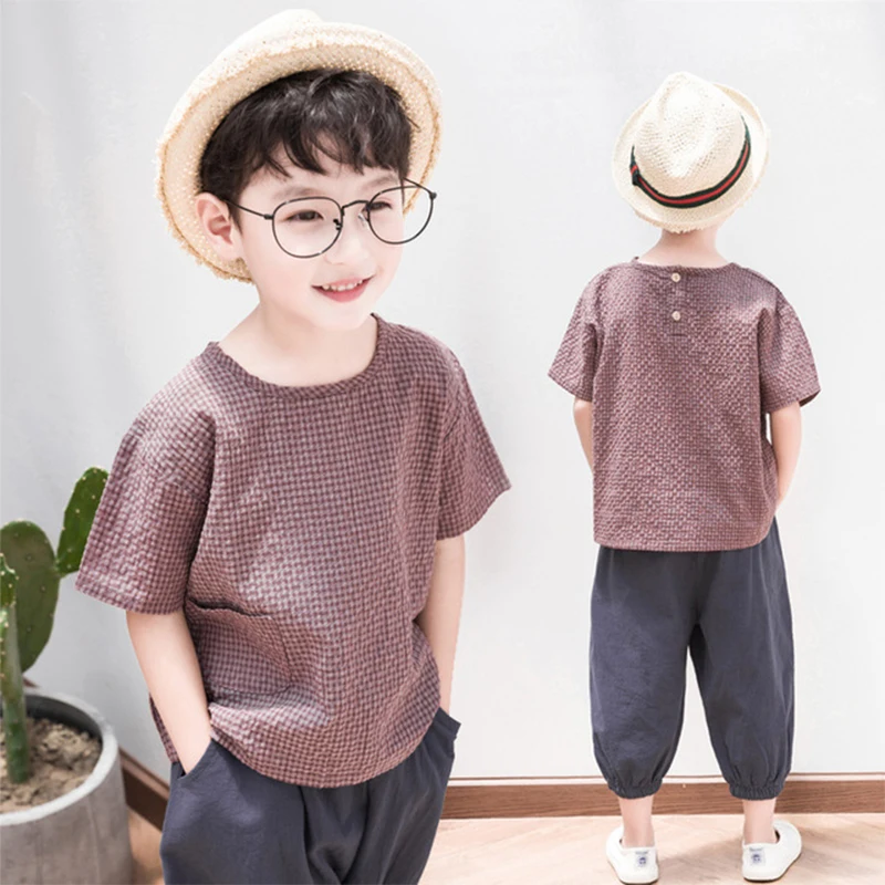 

2021 Summer Boys Clothes Set Kids Clothing Casual Plaid Suit Breathable Baby Outfit For Children Fashion T-shirt+Pants 2Pcs