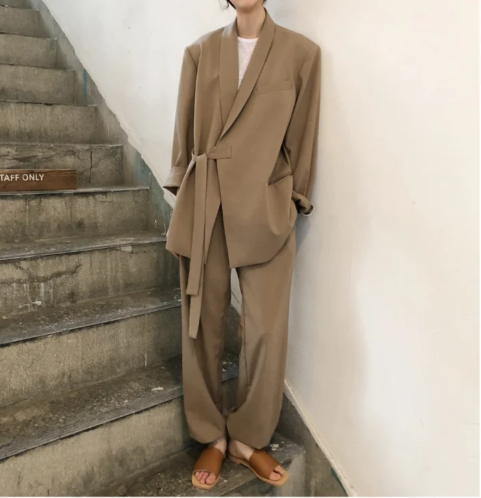 Корейские женские костюмы, винтажные брюки, костюмы для женщин, фрахт Femme, большой черный блейзер, комплект Conbinaison Femme Ropa Traje Mujer