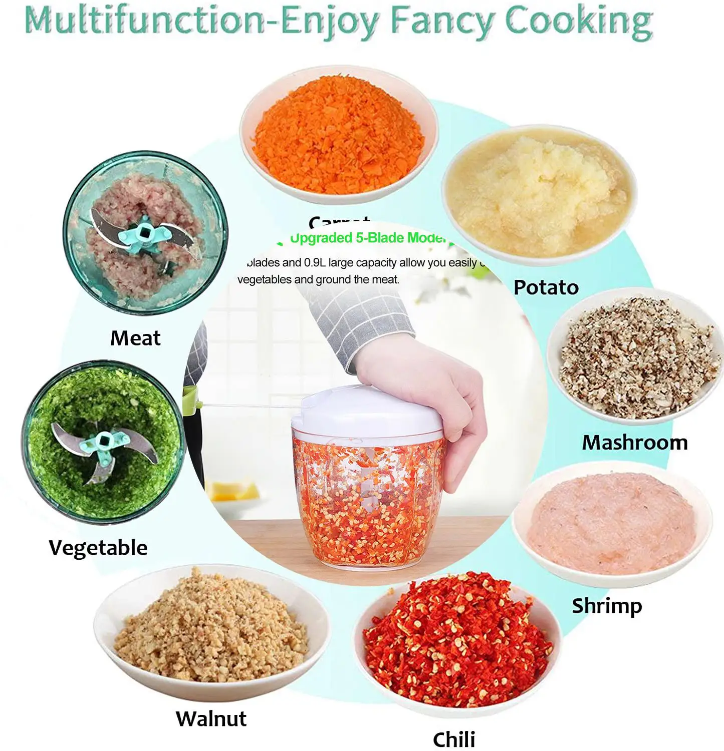

Manual Food Chopper Processor for Vegetable Fruits meat Garlic, Hand Pulled Vegetable Cutter Mincer Slicer for Easy Preparation