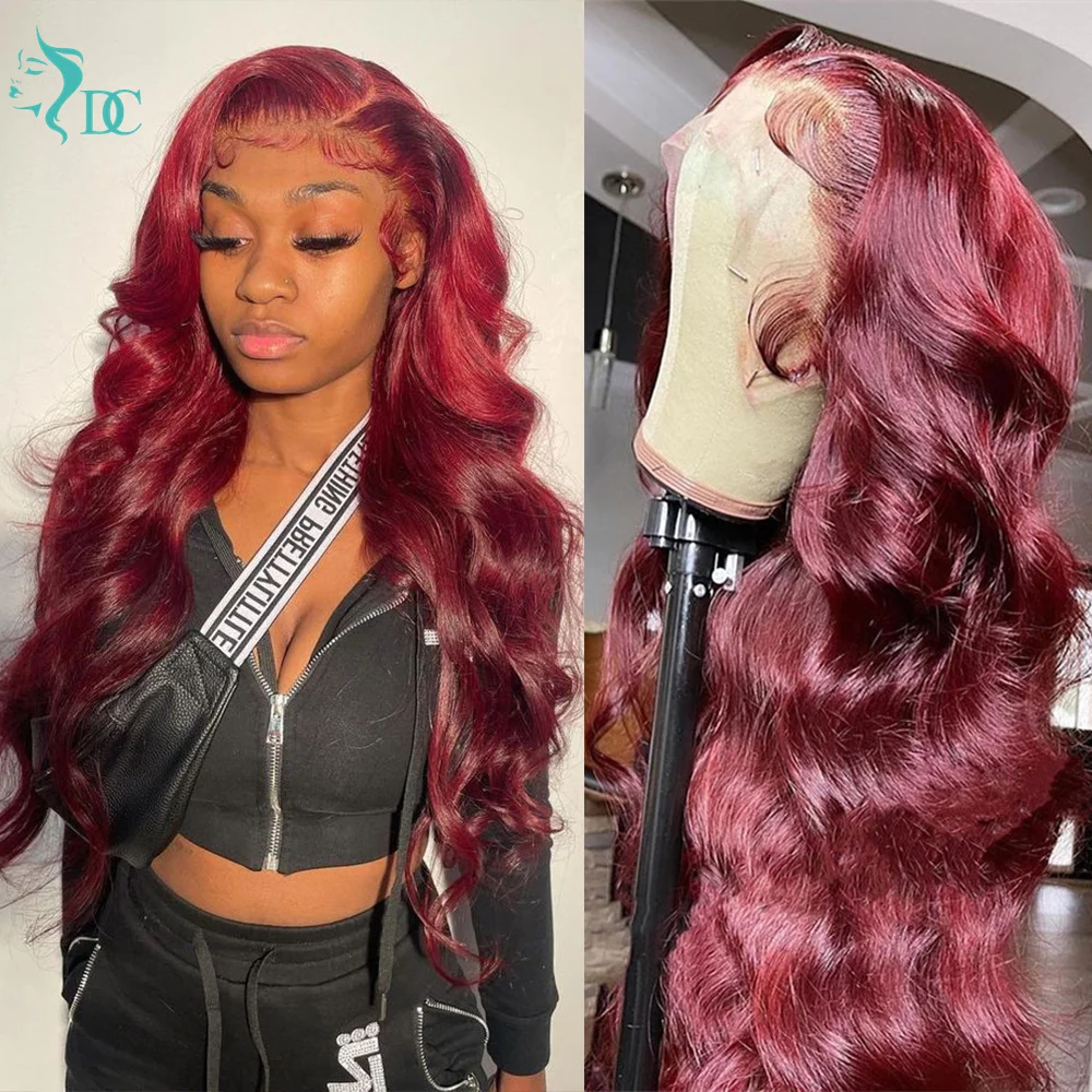 

Парик из натуральных волос 99J, красный, бордовый, с передней частью шнурка, волнистый, Т-образный, предварительно выщипанный, бразильский, 180% ...