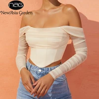 newasia mesh corset blouse fall see through off shoulder lining 2layer boned bodycon shirt zipper anti slip crop tops women 2021