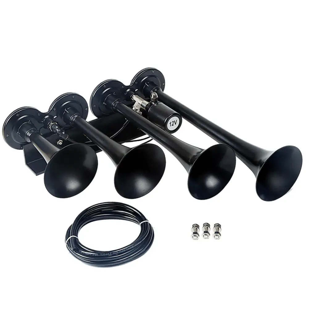 

150DB Single Row Four Trumpet Train Air Horn 12V Electric Solenoid Black