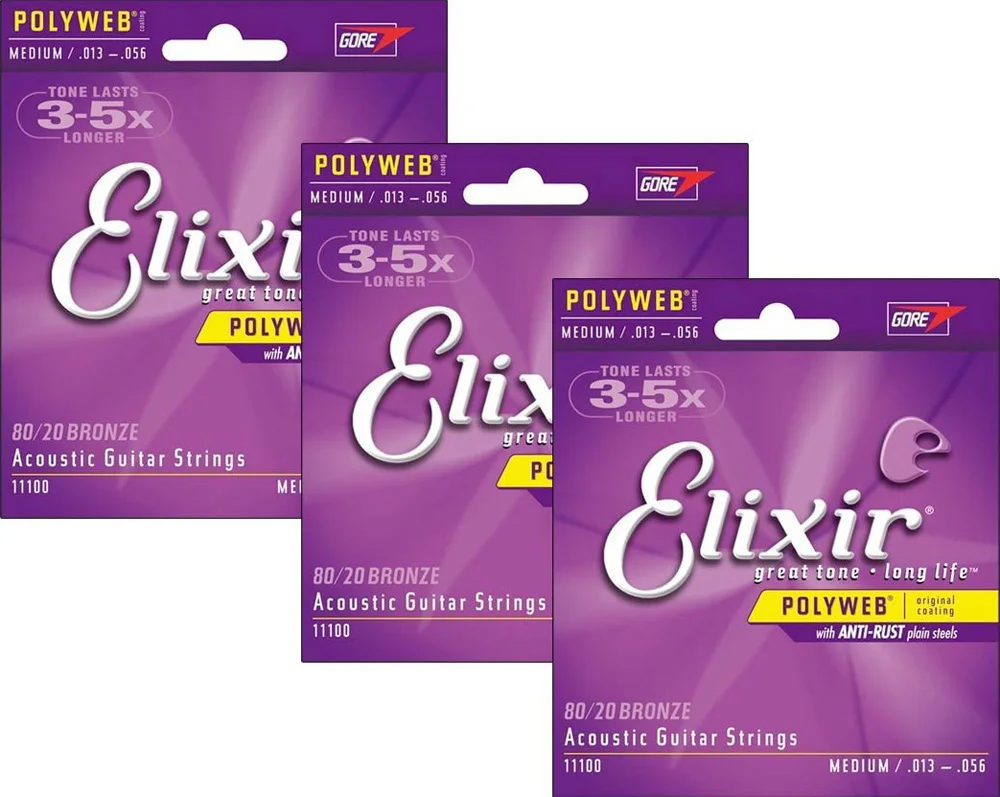 3 Наборы Elixir Polyweb Nanoweb покрытие антикоррозийное 80/20 бронзовые для акустической гитары струны