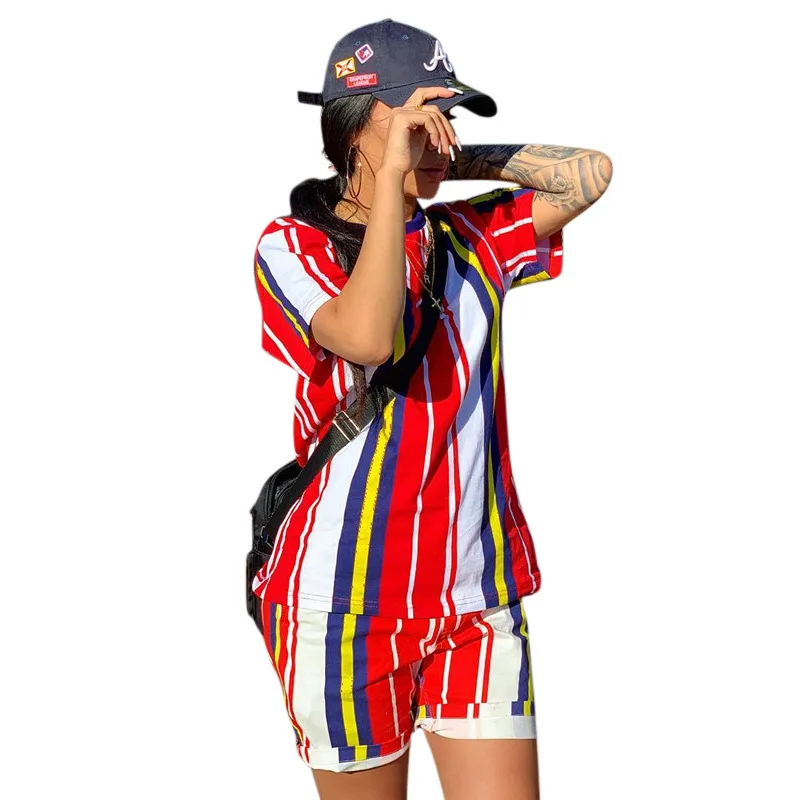 2019 Женский Летний Новый Цветной полосатый с О образным вырезом костюм футболка