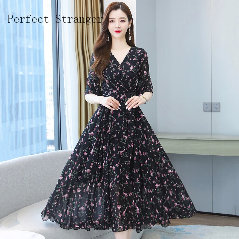 Женское шифоновое длинное платье с коротким рукавом и V образным вырезом|Женские