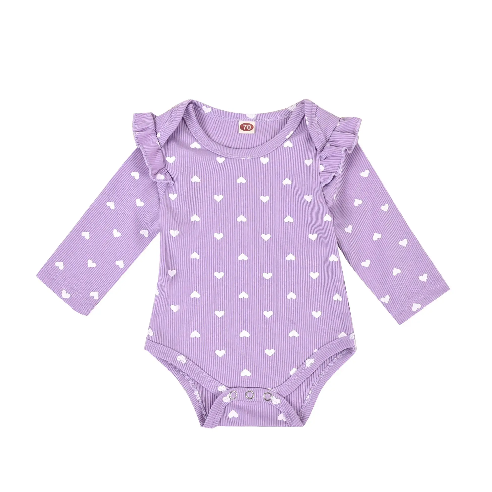 

2020 Summer Baby Girls Outsuits Long Sleeve Round Collar Knitted Rompers Toddler Heart Print Sweet Girl Jumpsuits 0-18M Clothing