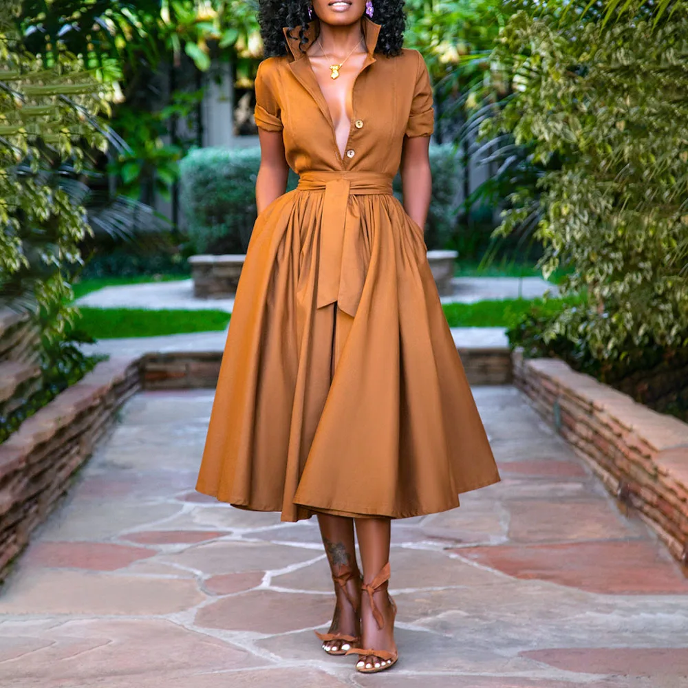 

Women's Dress Western Style Oversize African Fashion Temperament High Waist Single-breasted Solid Color Lapel Summer