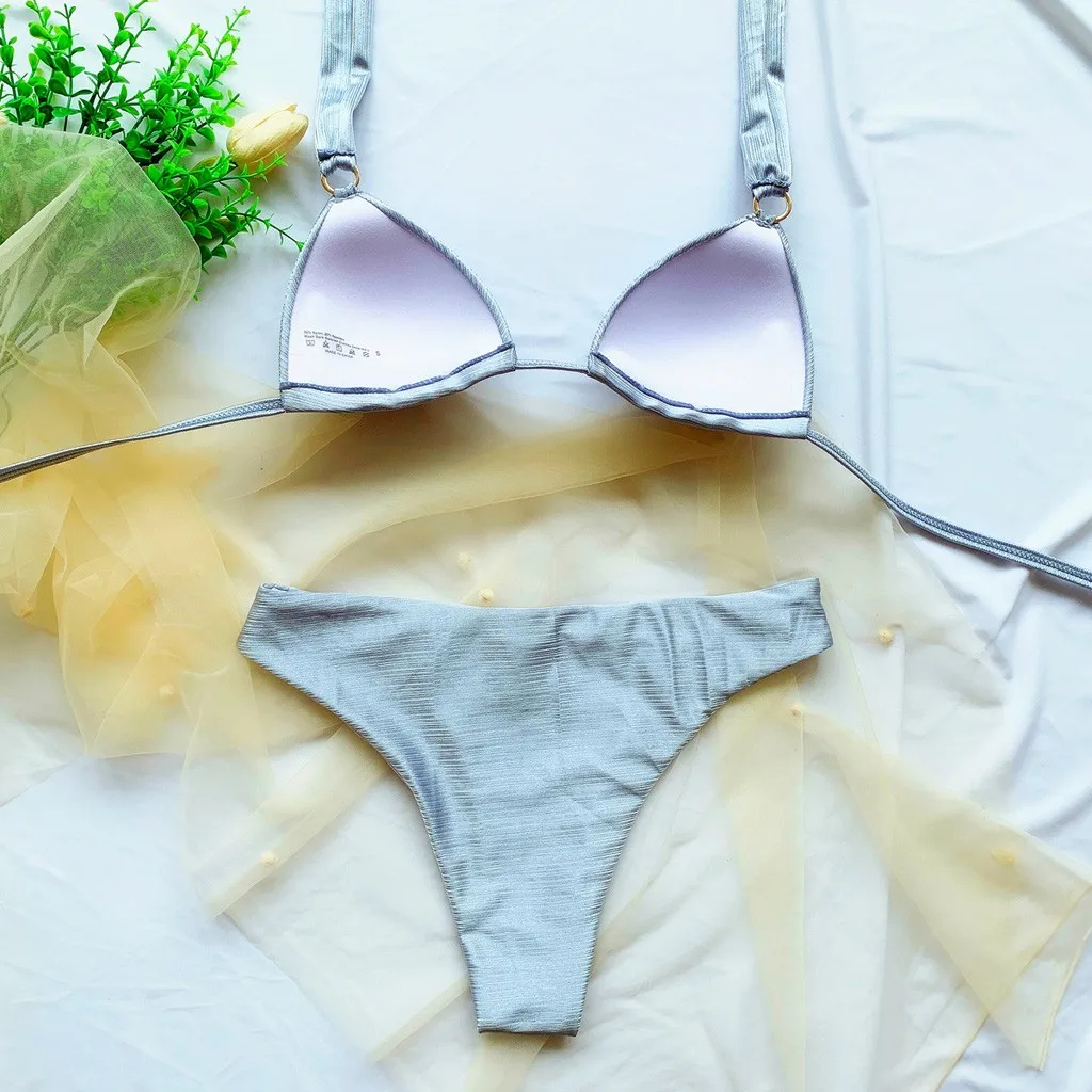 

women's swimsuit Polyester bathing suit women Tow-Piece Swimsuit Deep V Solid Bandage Bikini Set Beach Swimwear