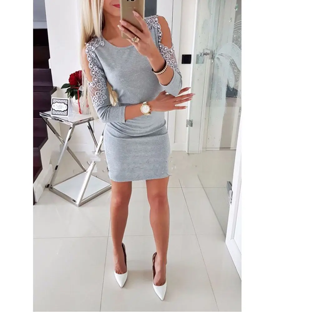 

Women Sexy Cold Shoulder Beading Dress Ladies Evening Party Mini Dress