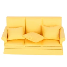 1:12 Doll House Mini Sofa with 3pcs Pillow Living Room Furniture Wooden Doll House Decoration Accessories(Yellow )