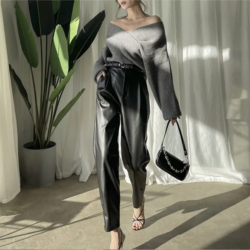

2020 Autumn Winter Fashionable Loose Cool All-match 3 Colors Vintage High Waist PU Leather Pants for Women Trousers Streetwear
