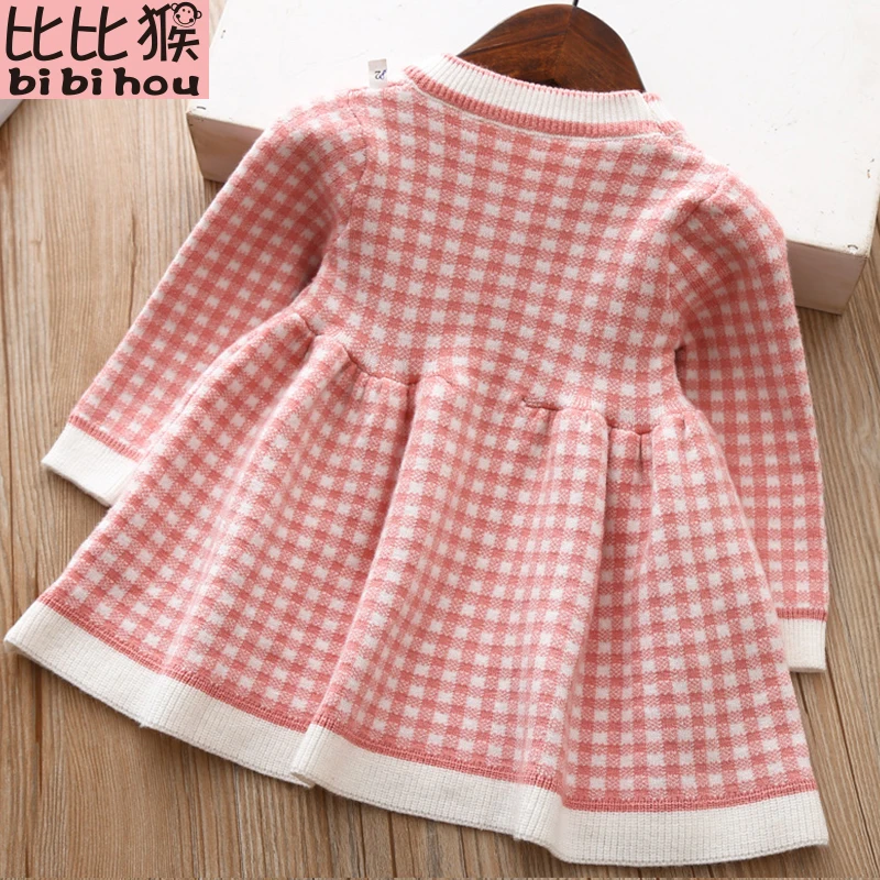 Вязаное платье для девочек Осень-зима 2019 одежда в клетку Детские платья