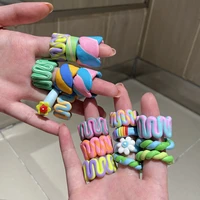 aomu 10pcs 2021 ins new handmade ceramic clay cute flower mushroom mouth rings for women jewelry gifts colorful stripe wide ring