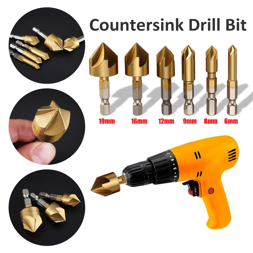 6 шт 5 флейты HSS зенковки сверло для фасок и торцов бит 1/4 &quotШестигранным