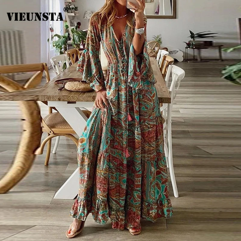 

Выгравированными винтажными узорами с надписью «Boho Chic» длинное платье 2021 и v-образной горловиной на весну, топ с кисточкой, свободные платья...