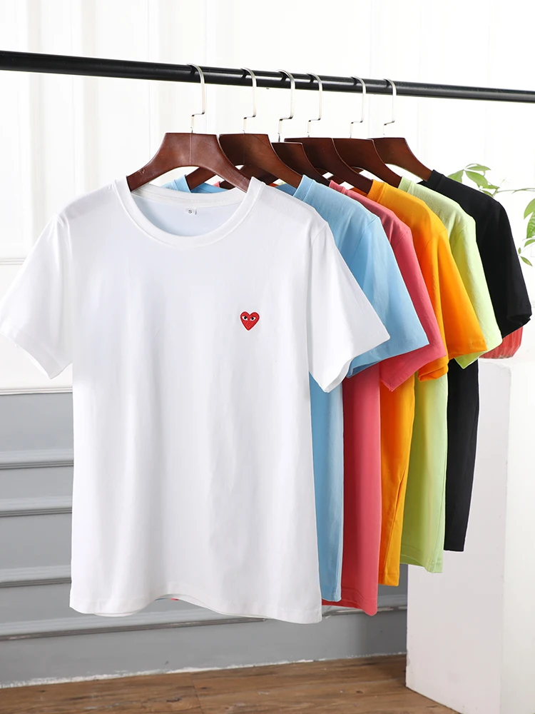 Парная модная футболка с вышивкой в виде сердца топ из чистого хлопка круглым