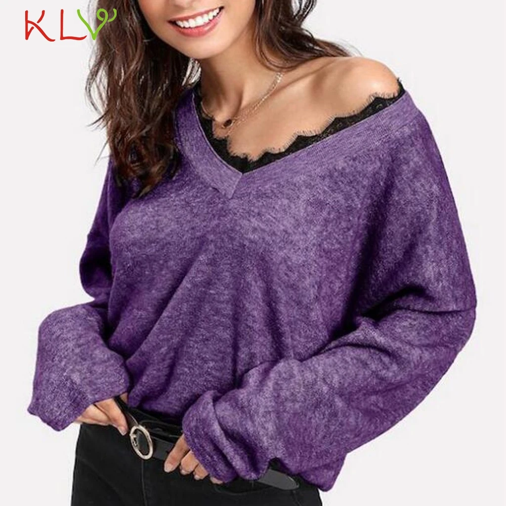 Женская трикотажная Кружевная футболка с v образным вырезом повседневный