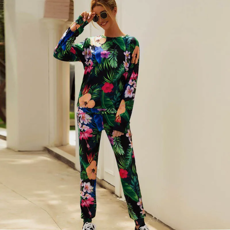 Floral Knowing me New Spring Floral print Tracksuit set women Autumn Animals Plant Print long sleeve hoodies Sweatshirt 2Pcs sets - Цвет: Floral