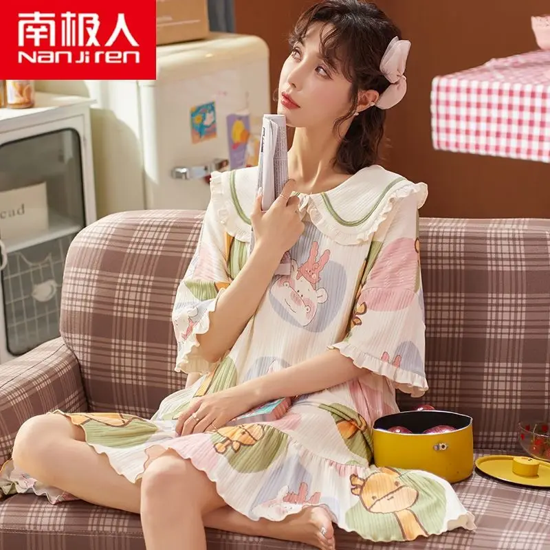 Antarctic Pajamas Women's Summer Cotton 2021 New Loose Oversize Women's Pregnant Women's Nightgown Summer Home Wear