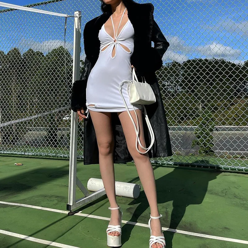 

White Solid Backless Sexy Bodycon Dresses Women Cut Out Lace Up Punk Style Outfits Black Slim Basic Mini Dress Summer 2021 Robe