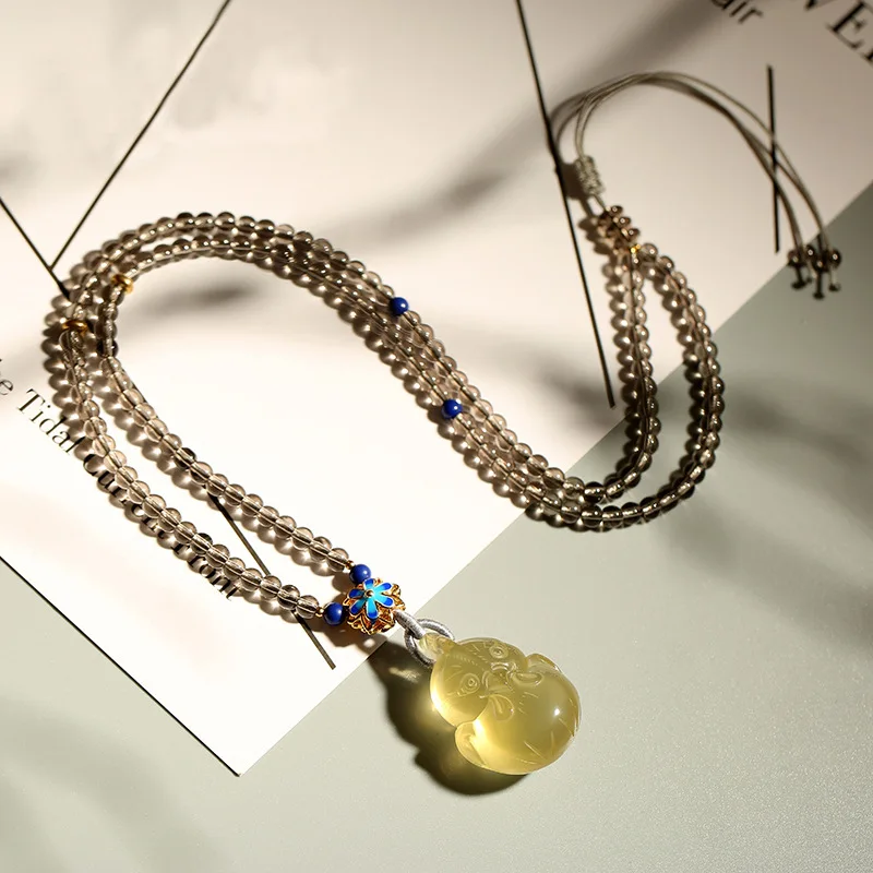 

Fnie Yellow Natural Crystal Pendants Carved Cute Chick Pendant Bead Sweater Chain Necklace Chicken Crystal Fashion Jewelry