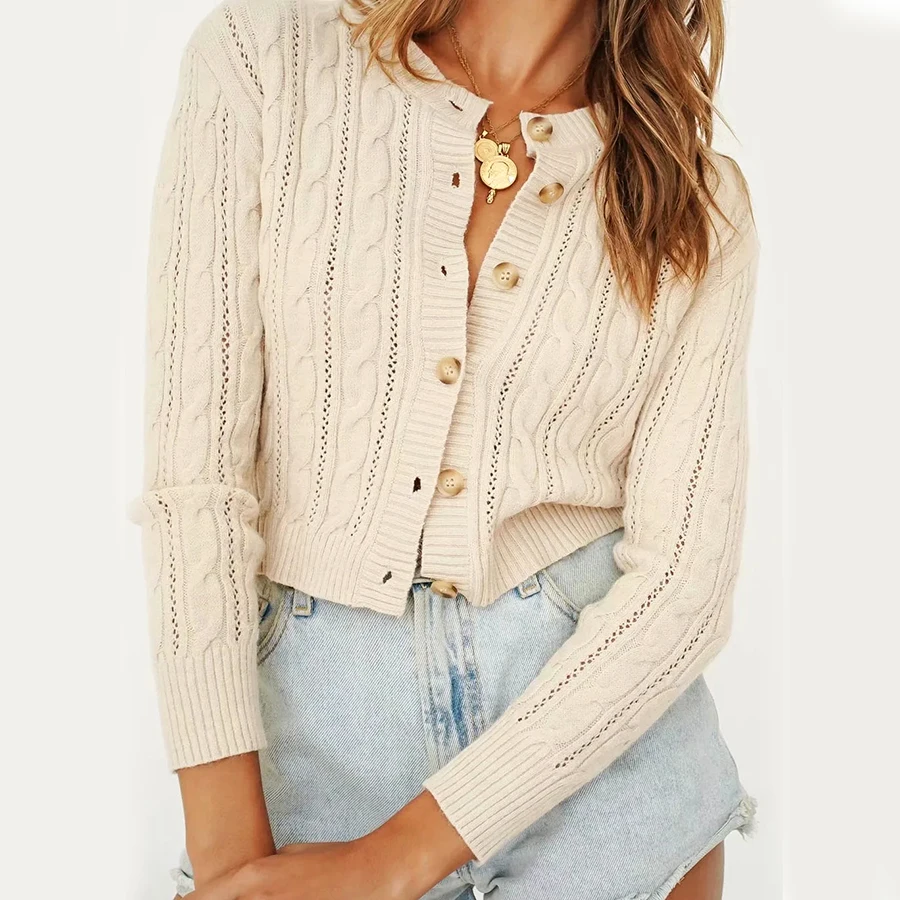 

GypsyLady Beige Vintage Sweater Cardigan Long Sleeve Cable Knitted Hollow Out Women Sweater Autumn Chic Ladies Knitwear Jumper