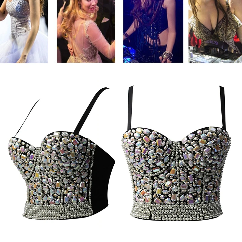 

Womens Colorful Rhinestone Push Up Bra Bustier Imitation Pearl Beaded Underwire Camisole Sexy Punk Party Clubwear Corset Y1AC