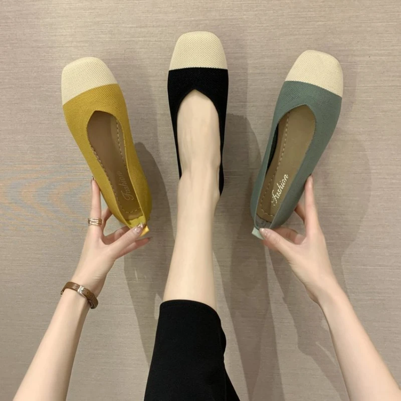 

2021 Women Slip On Flat Loafers Patchwork Square Toe Shallow Ballet Flats Shoes knitting Casual Flat Shoes Ballerina Flats
