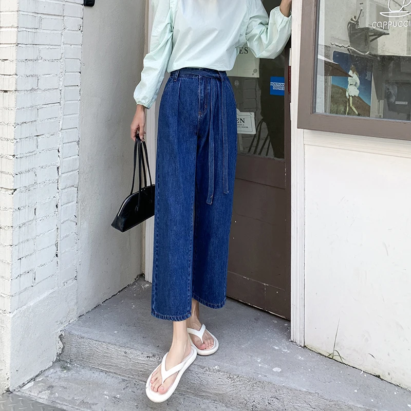 

Джинсы женские с широкими штанинами, свободные прямые брюки до щиколотки со съемной лентой, эластичным поясом, с завышенной талией, весна-ос...