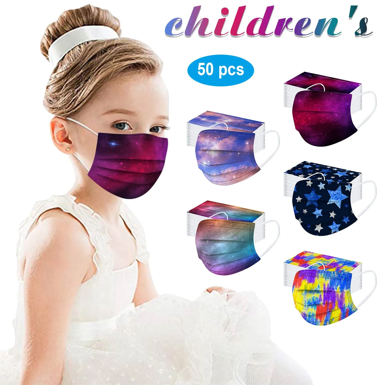 

50 шт., детская одноразовая маска для лица с рисунком